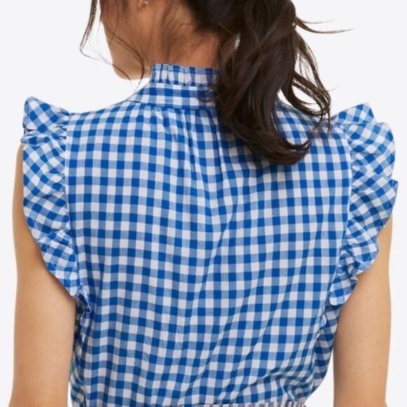 NWT Draper James blue gingham sleeveless ruffle detail button down blouse top - Picture 3 of 13